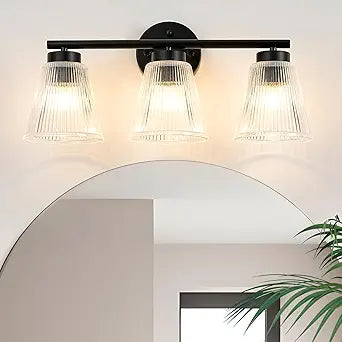 ocioc 3-Light Bathroom Light Fixtures, Black Vanity Light with Striped Glass Shade, Bathroom Lights Over Mirror,Modern Wall Lamp for Living Room Cabinet Bedroom Hallway Porch