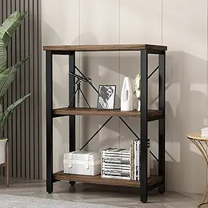 AY-AOYUAN 3 Tier Industrial Solid Wood Bookcases, Open Etagere Bookshelf with Metal Frame, Rustic Wood and Metal Shelving Storage Organizer for Living Room Book Shelves Furniture (AY01-3tier)
