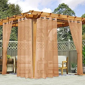 youleyar Outdoor Sheer Curtains for Patio Waterproof - 2 Panels Linen Look Grommet Curtain Light Filtering Outside Drapes for Living Room, Pergola, Cabana, Gazebo, 52" W x 120" L, Beige