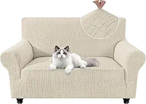 Stretch Couch Covers, Non Slip Loveseat Covers, Sofa Covers for 2 Cushion Couch, Couch Cover for Dogs Washable with Elastic Bottom, Sofa Slipcover for Kids, Dog(Sofa 57"-69", Beige)