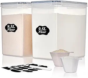 Vtopmart 9.5L 2 Pack Extra Large Flour Sugar Storage Containers for 25lbs flour, Airtight Kitchen Pantry Organization Canisters with Lids for Bulk food, Rice, Baking Supplies, BPA Free, Black