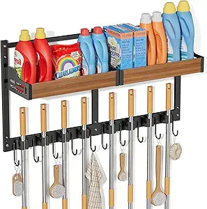 Broom and Mop Organizer Wall Hanging, Broom Holder Wall Mount with Cleaning Supplies Organizer, Broom Hanger Wall Mount with Storage Shelf and Hooks for Laundry Room Garage Kitchen