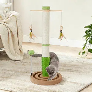 25.79" Tall Cat Scratching Post, Kitten Cat Scratch Post for Indoor Cats with Hanging Feather Toys, Grooming Brush and Double Interactive Wooden Balls Track, Small Cat Scratching Post