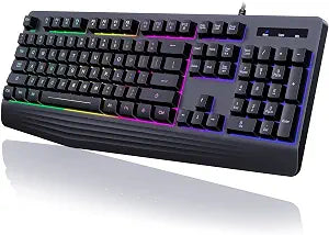 Gaming Keyboard Wired, 7-Color Backlit, 104 Keys Quiet Light Up, Wrist Rest