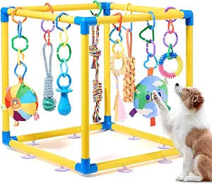 Puppy Play Gym with 8 Hanging Toys, Small Dogs Indoor Jungle Playground, PVC Frame with Suction Cups Interactive Enrichment Activity Center