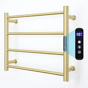 Heated Towel Rack Gold, 4 Bars Towel Warmer Rack for Bathroom Wall Mounted, Timer & Temperature Control Electric Towel Drying Rack (4 Bars Brushed Gold D, Hardwired)