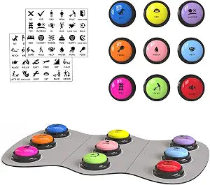 Acools Dog Buttons for Communication, 9 Pcs Recordable Talking Button Set with 30s Voice, Pet Training Buzzer Kit for Dogs and Cats, Waterproof Anti-Slip Mat, 48 Scene Stickers for Outside/Food/Play