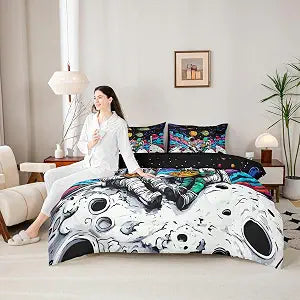 Funny Space Astronaut Alien 7pcs Comforter Set Full Size,Trippy Universe Planet Bedding Set for All Season,Psychedelic Galaxy Bed in A Bag with Comforter,Sheets and Pillowcases,Kids Boys Room Decor