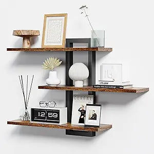 Homode Floating Shelves for Wall, Wood Wall Shelves for Bathroom, 3 Tier Shelves for Wall Decor, Decorative Hanging Storage Shelf for Bedroom Kitchen Living Room, Rustic Brown and Black