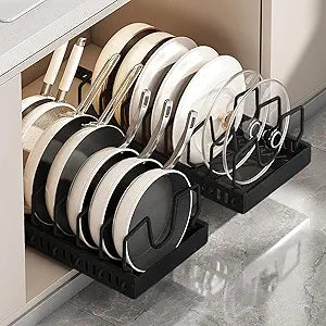 AmoiChic 2 Pack Pull Out Cabinet Organizer for Pots and Pans, Black Storage Rack with 8 Adjustable Dividers, Kitchen Cabinet Organizer for Pot Lids, Bakeware, Dishes Storage