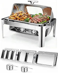 13QT Roll Top Chafing Dishes for Buffet: Catering Food Warmer for Parties, Birthday, Wedding, Christmas, 1 Full Size & 2 Half-Size & 3 1/3 Size Chafing Server Dish, 1 Water Pan-Glass Window