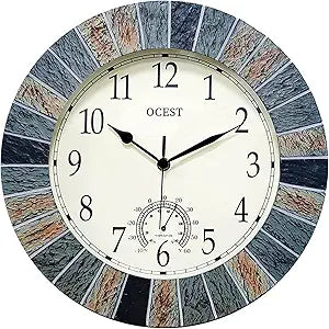 OCEST 13 Inch Large Outdoor Indoor Clock, Waterproof Wall Clock with Thermometer, Weather-Resistant Non-Ticking Battery Operated Decor for Patio, Pool, Lanai, Fence, Porch, GardenBrown