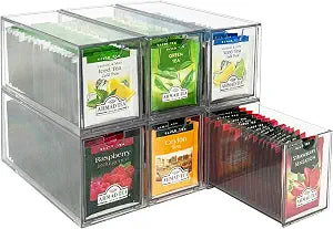 AZEZO 6-Pack Tea Bag Drawers Organizer - 6 Clear Plastic Drawer Tea Bag Holder; Stackable & Portable; Wider Size; Well-Organized Storage for Tea Bags Storage ChestsHigh Volume
