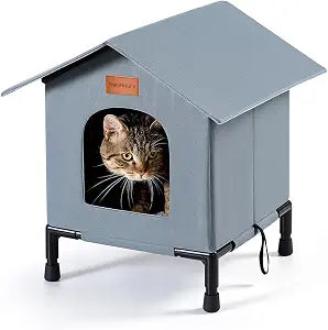 Insulated Cat Shelter Weatherproof Outdoor Cat House with Self-Warming Insulation Raised Bottom and Waterproof Roof for All-Season Protection (Grey, Medium)