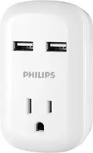 Philips Outlet Extender with 2 USB Ports, 3 Prong Wall Adapter
