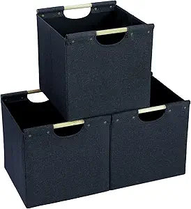 HOONEX Collapsible Storage Bins, 12x12x12in Storage Cubes Linen Fabric, 3 Pack, Storage Baskets with Wooden Carry Handles and Sturdy Heavy Cardboard, for Home, Office, Car, Nursery, Dark Grey