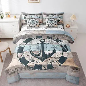 Erosebridal Nautical Bed in A Bag Queen,Vintage Anchor Comforter Set for Kids Boys Girls,Grunge Wooden Barn Bedding Sets,Coastal Ocean Creature Quilt with Flat Fitted Sheet,Pillow Covers,7 Pcs