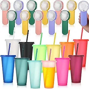 Tuanse 12 Set Mini Handheld Fans Bulk and Plastic Cup Set Small Portable Fan and 24 oz Tumbler with Lid and Straw for Adults Summer Pool Birthday Wedding Bridal Shower Party Favors (Multicolor)