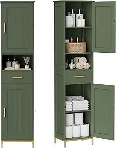 Homhedy 67" H Bathroom Storage Cabinet, Tall Storage Cabinet with Adjustable Shelves, Freestanding Cabinet with Doors and Drawer, Narrow Cabinet for Bathroom, Living Room, Kitchen, Dining Room, Green
