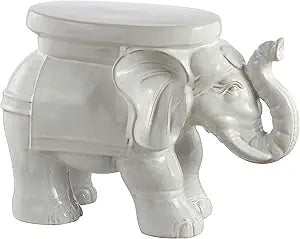 JONATHAN Y White Elephant 14.25" Glazed Ceramic Elephant Garden Stool, Weather-Resistant Indoor/Outdoor Patio Side Table and Plant Stand, Bohemian, Antique White TBL1007A