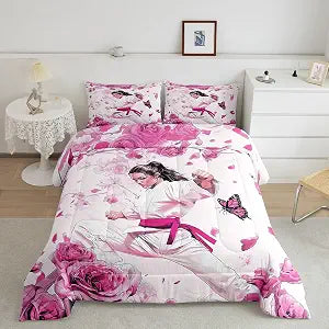 Manfei Taekwondo Comforter Set,Girls Kungfu Sports Bedding Set Kids Teens Modern Decor,Pink Rose Flowers Comforter with 1 Pillowcase for All Seasons,Twin
