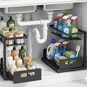 Under-Sink Storage Organizer (2-Pack)  Double-Tier Pull-Out Cabinet Organizer with Sliding Drawers Heavy-Duty & Versatile Storage Rack for Kitchen, Bathroom, and PantryBlack