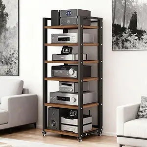 6-Tier AV Media Stand, Audio-Video Shelving with Wheels, Adjustable Media Console Cabinet, Modern Stereo Rack, Metal Media Shelf for Record Player, DVD, TV Box