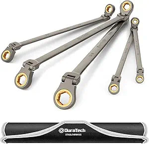 DURATECH Extra Long Anti-Slip Ratcheting Wrench Set, Double Box End Wrench Set, 5-Piece, SAE, 1/4 "-13/16 ", 72-Teeth, CR-V Steel, Grey Nickel Plating with Rolling Pouch