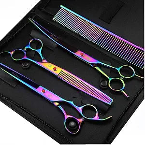Purple Dragon 8 inch 3 in 1 Professional Pet Grooming Thinning Scissors - Upward Curved Shears and Dog Hair Cutting Scissor - Perfect for Pet Groomer or Family DIY Use (Rainbow)