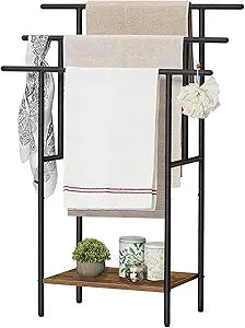 HOOBRO 39.4" Tall Freestanding Towel Rack for Bathroom, 3 Tier Stepped Blanket Rack with Shelf, Oversized Bath Towels Drying and Display Rack, Black and Rustic Brown BF50LB01