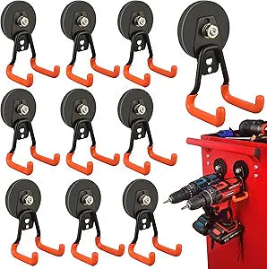 ULIBERMAGNET New Upgraded Heavy Duty Magnetic Garage Hooks,10 Pack Strong Large Magnet Hooks for Power Drill,Garden Tools,Hose,Pegboard,Garage, Workshop,Magnetic Storage Hook for Hanging(Orange)