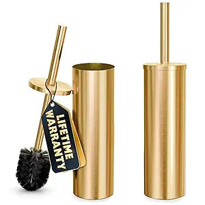 2 PCS Gold Toilet Brush and Holder Set - Brushed Stainless Steel Gold Toilet Bowl Brush and Holder with Replacable Head, Removable Inner Bowl, and Splash Protection - Dense Bristles for Cleaning