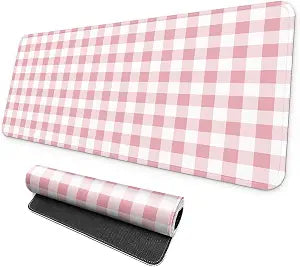 MAY FLOWER Large Aesthetic Mouse Pad, Full Kawaii Keyboard Mat with Cozy Checkered Gingham Pattern, Cute Computer Mouse Mat, Anti-Slip Rubber Base, 31.5 x 11.8 Inches (Pink)