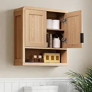 Wall Mounted Bathroom Storage Cabinet with Adjustable Shelf, Wooden Medicine Cabinet Over The Toilet Organizer for Space Saving, Modern Farmhouse Style, Natural Oak