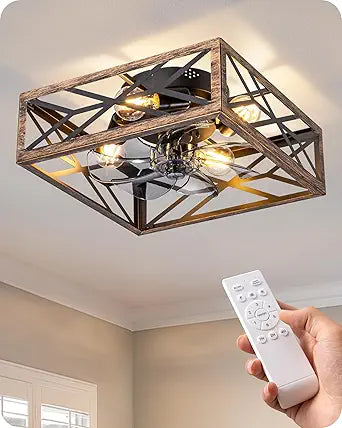 EDISHINE Caged Ceiling Fans with Lights Flush Mount, Rustic Square Low Profile Enclosed Fan Ceiling with Remote, 2/4 H Timer, Reversible 6 Speed, Farmhouse Small Fan for Bedroom, Kitchen, Dining Room