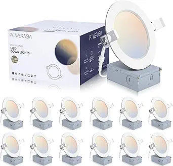 POWERASIA 12 Pack 4 Inch Ultra-Thin LED Recessed Ceiling Light with Junction Box, 5CCT Dimmable 2700K/3000K/4000K/5000K/6000K, 9W 850lm Can Killer Downlight-ETL and Energy Star Certified