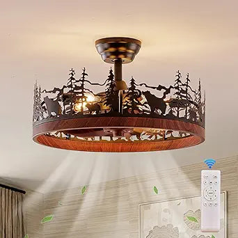 21 Inch Flush Mount Farmhouse Ceiling Fan with Light and Remote, Rustic Walnut Wood Grain Bladeless Fandelier Chandeliers Fan, Forest Ceiling Fan for Living Room, Bedroom