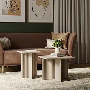Stead Square Nesting Coffee Table Set - Fluted Oak Base Center Table for Living Room - Wood Grain Veneer Top Living Room Ensemble Set - Easy Assembly Nesting Duo - Weathered White, 2-Piece