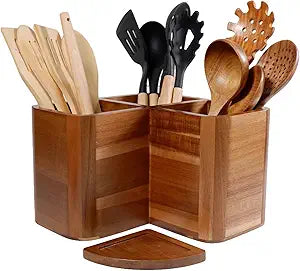 Large Kitchen Utensils Holder with 3 Compartments,Corner Utensil Caddy for Countertop,Acacia Wooden Utensil Organizer for Kitchen Countertop, Farmhouse Decor