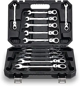 FLZOSPER 12-Piece Flexible Head Ratcheting Wrench SetMetric Combination Spanner Kit, 8-19mm Chrome Vanadium Steel Ratchet Wrench Set with Portable Suspended Toolbox