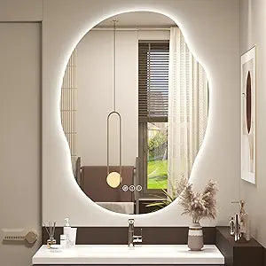 Asymmetrical Backlit LED Mirror for Bathroom 26"x 36", Irregular Lighted Vanity Mirror with 3 Colors and Stepless Dimmable, Shatterproof, Defogger, Memory (Vertical or Horizontal)