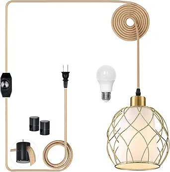 Ruzectt Plug in Pendant Light, Gold Hanging Lamp with Dimmable Switch, 15 ft Golden Cotton Cord, Hanging Light Fixture for Kitchen, Living Room, Bedroom (Bulb Included)