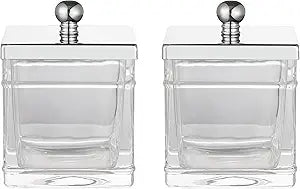 Glass Cotton Jar Holder 2 Pack Silver/Chrome Lid, Elegant Bathroom Storage Canister for Qtips, Cotton Balls, Floss, Makeup Organizer, Vanity & Bathroom Organization