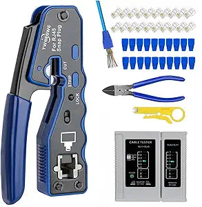 RJ45 Crimp Tool Kit Pass Through Ethernet Cat6 Cat6a Cat5e Crimping Tool with 20PCS Cat6 Pass-Thru Connectors,20 Covers,1 Wire Cutter Plier,1 Mini Wire Stripper and 1 Network Cable Tester (Blue)