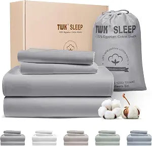 TWK 1200 TC 100% Egyptian Long-Staple Cotton Bedding Sheets Set, Luxury Hotel Style Deep Pocket with Elastic Reinforced Seams Sheet Set, Soft & Comfy Natural Sheets(Gray King)