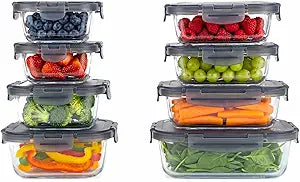 Borosilicate Glass Airtight Food Storage Containers with Vented Lids, Assorted Set of 8 (4 Rectangular & 4 Square)