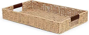 Summit Living Handwoven Multipurpose Rectangle Rattan Tray, 20 x 12  Durable Wicker Tray with Leather Handles for Home Decor Display