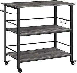 HOOBRO Kitchen Island with Storage,Industrial Kitchen Island on Wheels and Side Enclosures, 3 Tier Kitchen Cart with Large Workstation, Stable, Easy Assembly, Charcoal Gray and Black BC03ZD01