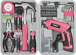 Hi-Spec 42pc Pink 4V USB Electric Power Driver & Household Tool Kit. Cordless Power Screwdriver and Hand Tools in a Compact Box Case