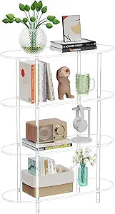 Clear Acrylic Bookshelf, 31.5" L x 11.8" W x 39.8" H, 4 Tier Oval Acrylic Bookcase Table with Open Book Shelf, Modern Storage Organizer Entry Console Table for Entryway Living Room Bedroom